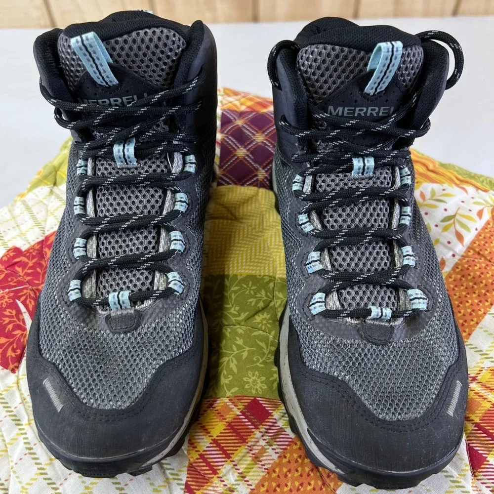 Merrell Womens Hiking Boots Gore Tex Gray Light Blue Sz 7 Waterproof Trail Shoes